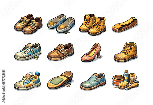 Worn-Out Footwear Icons. Worn-out footwear. Colorful isometric vector icons set of worn-out footwear: scuffed shoes, worn soles, frayed laces, cracked leather