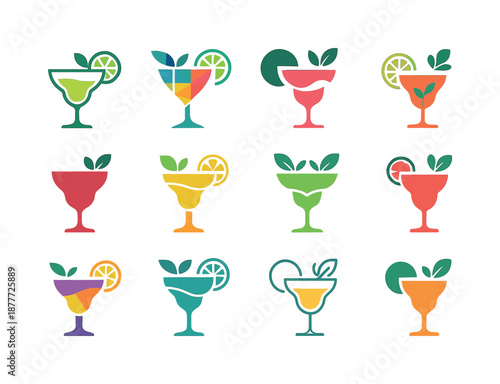 Colorful Cocktail Icons. A collection of colorful cocktails garnished with fruit and herbs. Icon set. Set Logo of colorful cocktails garnished with fruit and