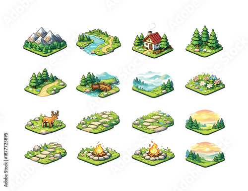 Quiet Valley Icons. Quiet Valley. Colorful isometric vector icons set of Quiet Valley: mountain ridge, gentle river, valley cottage, pine trees, winding trail,