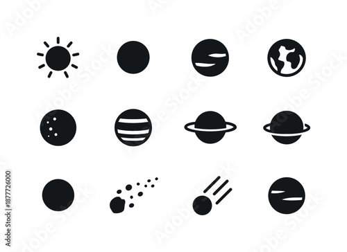 Minimalist Solar System Icons. Solar system. Solid icon set of solar system: Sun, Mercury, Venus, Earth, Mars, Jupiter, Saturn, Uranus, Neptune, dwarf planet,
