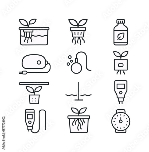 Hydroponic Icons Grid. Hydroponic indoor plants. Line icon set of Hydroponic indoor plants: hydro tank, net pot, nutrient solution, air pump, air stone, grow