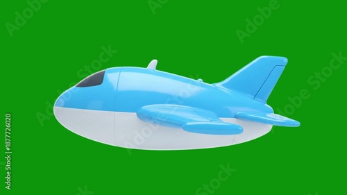 Cute 3D Blue Toy Airplane Flying in Side View on Green Screen Background