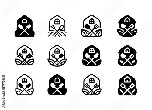 Greenhouse Logo Variations. A small farm with a hand-built greenhouse for growing vegetables. Icon set. Set Logo of A small farm with a hand-built greenhouse