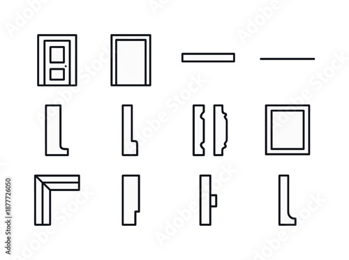 Wooden Door Icons. wooden door. Line icon set of wooden door: door frame outline, wall interface, lintel icon, threshold icon, jamb outline, trim detail,