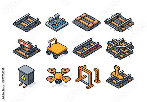 Isometric Rail Icons. Rail infrastructure. Colorful isometric vector icons set of rail infrastructure: rails segment, rail fasteners, sleepers, ballast bed,