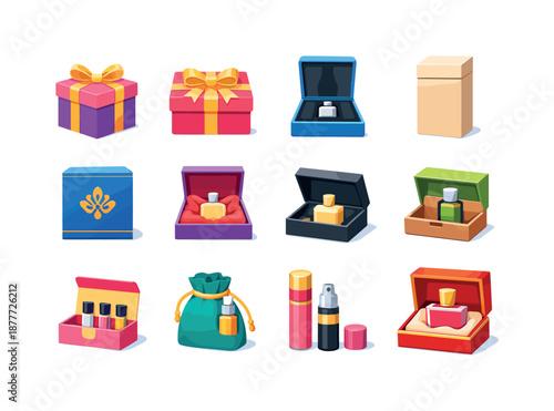 Perfume Packaging Icons. Perfume Packaging. Colorful flat vector icons set of Perfume Packaging: gift box, ribbon wrap, protective foam insert, minimalist