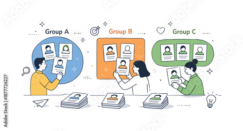 Segmented Marketing Strategy. Audience segmentation. Marketers grouping customer cards into clear segments. Insightful organization and targeting, color-coded