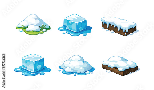 Spring Thaw Icons. Spring thaw. Isometric flat vector icons set of Spring thaw: snow pile with grass reveal, icy chunk with meltwater, snow ridge edge, thawing