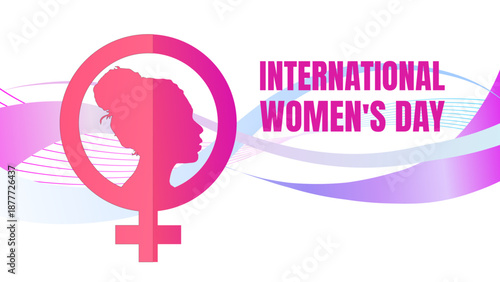 International women's day horizontal banner with female symbol and girl profile silhouette, 