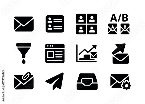 Email Marketing Icons. Email marketing. Solid icon set of email marketing: envelope, subscriber list, segmentation icon, A/B test icon, drip funnel, template