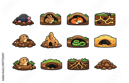 Burrowing Icon Set. Burrowing life. Colorful isometric vector icons set of burrowing life: mole, rabbit burrow, fox den, insect tunnel, groundhog hole, termite