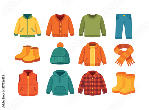 Kids Autumn Clothing Icons. Kids autumn clothing. Colorful flat vector icons set of Kids autumn clothing: light jacket, cardigan, long sleeve shirt, jeans,