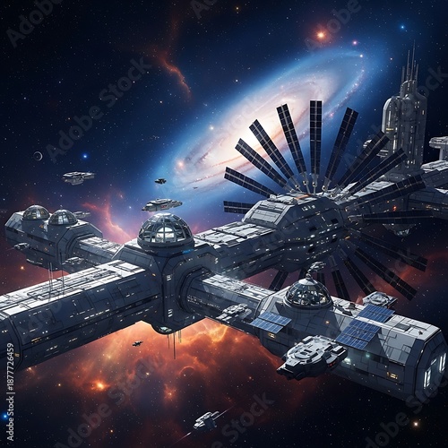 Futuristic Space Station Orbiting a Distant Galaxy.