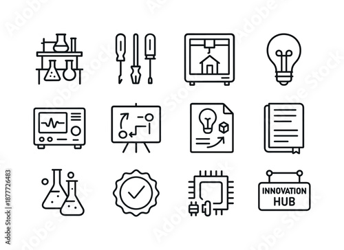 Innovation Lab Icons. Innovation Labs. Line icon set of Innovation Labs: lab bench, tools set, prototype printer, idea bulb, test equipment, whiteboard plan,