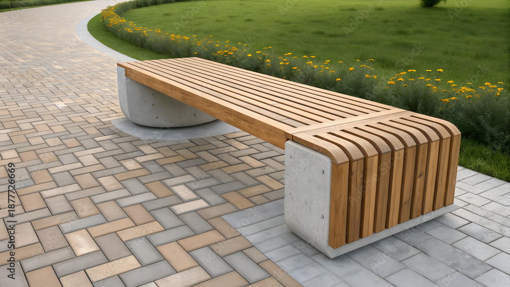 Obraz premium Curved park bench with wooden slats and concrete base sits empty on a sunny day in a blooming green urban garden.
