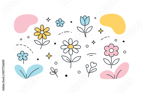 Spring Floral Harmony. First Flowers Background. Abstract floral shapes and simple flower icons arranged in a balanced composition. Decorative yet calm spring