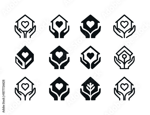 Poverty Alleviation Icons. Poverty alleviation. Icon set. Set Logo of poverty alleviation: home shelter symbol. harmonious logo variations of the