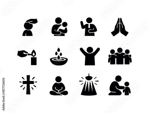 Baptism Icons Collection. Baptismal moments. Solid icon set of baptismal moments: child being blessed, parent support, pastor gesture, prayer hands, candle