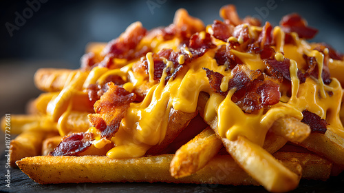 Close up of loaded cheesy bacon french fries photography