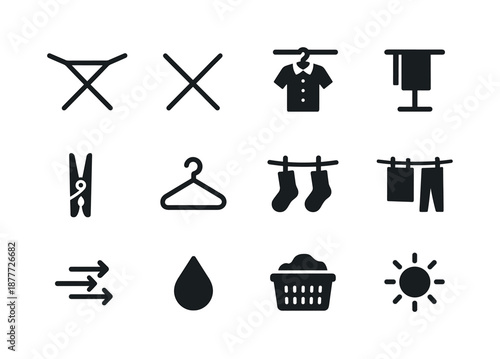 Laundry Icon Set. Laundry drying rack. Solid icon set of Laundry drying rack: drying rack, folded rack, hanging shirt, towel, clothespin, hanger, socks, drying