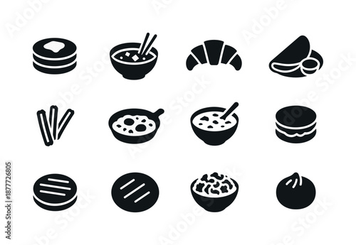 Global Breakfast Icons. Trying global breakfast traditions. Solid icon set of Trying global breakfast traditions: pancakes, miso soup bowl, croissant, dosa,