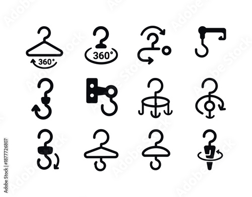 Rotating Hooks Icons. Rotating hooks. Solid icon set of rotating hooks: spinning hanger, -degree hook, rotatable arm, hook joint, pivot hinge, multi-arm hook,