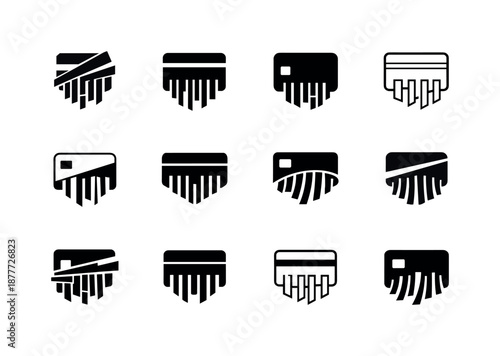 Shredded Card Icons. shredded credit card. Icon set. Set Logo of shredded credit card: card strips falling down. harmonious logo variations of the same