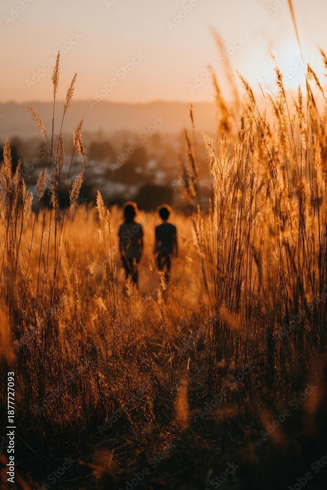 Fototapeta premium Two people walk through a golden field of tall grasses at sunset, with a distant city in the background. Concept Sunset field stroll among tall golden grasses, Distant city skyline on the horizon