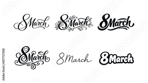 March Lettering Styles. March greeting calligraphy. Set lettering. harmonious lettering variations of the same emblematic concept, each with different artistic