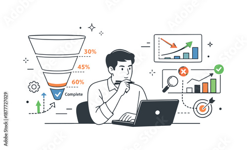 Optimizing Conversion Funnel. Conversion funnel optimization. Analyst reviewing drop-off points and progress indicators, focused and analytical mood. Charts,