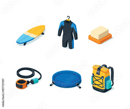Beach Gear Icons. Beach items. Isometric flat vector icons set of beach items: surfboard, wetsuit hanger, surf wax bar, leash cord, beach changing mat,