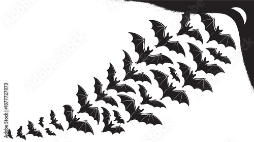 Vector Illustration Of Bats Flying Out Of Cave At Night For Halloween And Wildlife Concepts On Transparent Background
