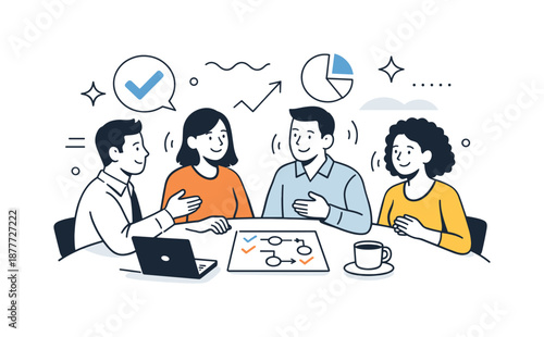 Unity in Strategy. Strategy meeting alignment. Team members nodding and agreeing on a plan, sense of unity and shared direction with abstract shapes around.