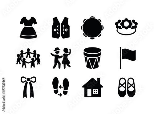 Children's Folk Dance Icons. Children's folk dance. Solid icon set of children's folk dance: folk dress, embroidered vest, tambourine, flower crown, dance