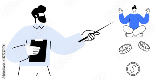 Financial planning, meditation practices, wealth management, mindfulness, work-life balance, personal growth. A man with a clipboard and pointing, meditation pose with coins. Financial planning