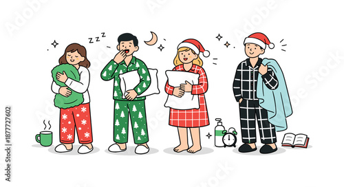 Cozy Holiday Evening. Wearing holiday pajamas evening routine. People in pajamas holding blankets or pillows, getting ready for rest. Comfort, warmth and