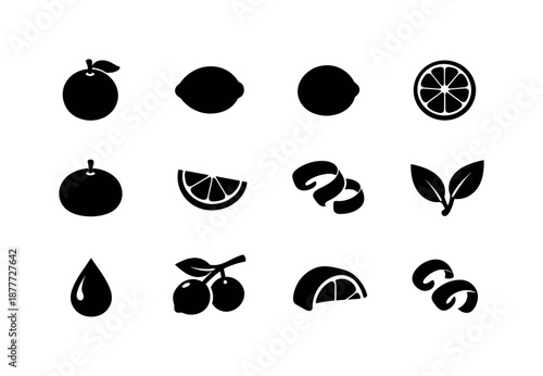 Citrus Icons Collection. Citrus fruits. Solid icon set of citrus fruits: orange, lemon, lime, grapefruit, tangerine, citrus wedge, citrus peel, leaf sprig,