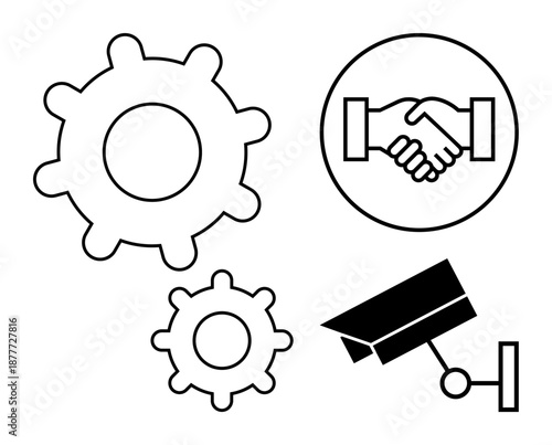Business security concept. Business security ed by cogs for functionality, handshake for cooperation, and surveillance camera for protection. Ideal for technology, collaboration, and safety . Usage