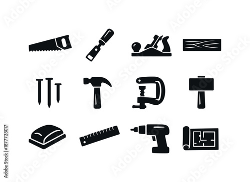 DIY Woodworking Icons. DIY woodworking. Solid icon set of DIY woodworking: saw, chisel, plane tool, wood plank, nails, hammer, clamp, mallet, sanding block,