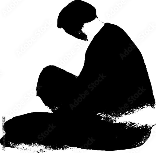 Silhouette of male in meditative pose on white background