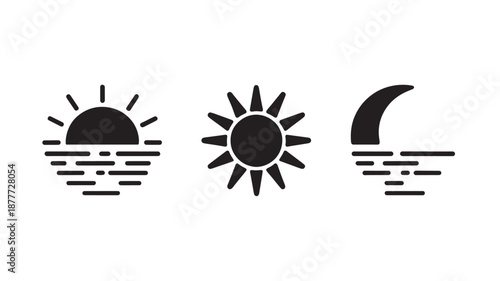 Vector Illustration Of Sun, Sunrise And Sunset Symbols For Weather Forecast And Astronomy Concepts On Transparent Background