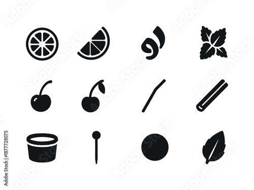 Drink Garnish Icons. Garnishes and drink accents. Solid icon set of garnishes and drink accents: lemon slice, lime wedge, orange twist, mint sprig, cherry
