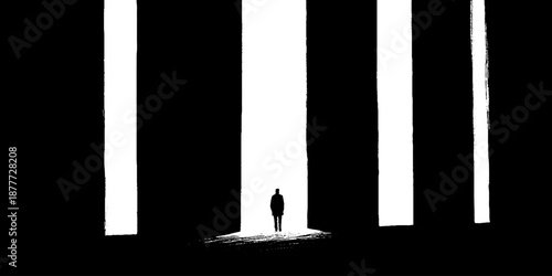 Silhouette of lone figure in abstract black and white vertical lines landscape