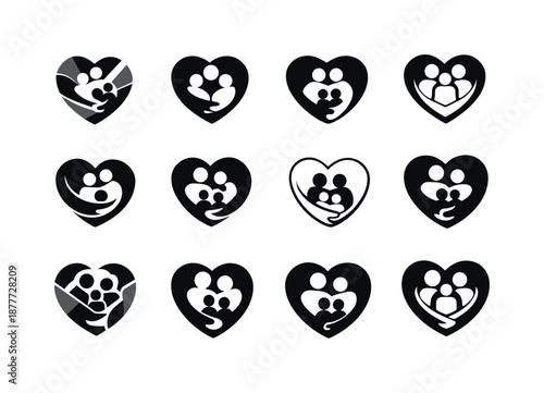 Emblematic Family Support Icons. Family support systems in times of crisis. Icon set. Set Logo of family support systems in times of crisis: heart embracing