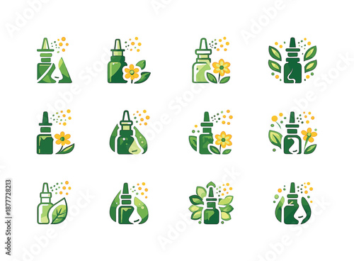 Spring Allergy Icons. Spring allergies. Icon set. Set Logo of spring allergies: nasal spray. harmonious logo variations: Abstract geometric, Flat solid,
