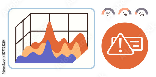 Data analysis, risk assessment, financial forecasting, business analytics, performance tracking, proactive decisions. Colorful chart, warning indicator percentages. Data analysis and risk assessment