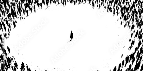 Lone silhouette amidst a sea of people in monochrome art