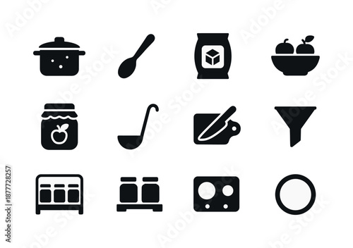 Homemade Jam Icons. Homemade jam making. Solid icon set of Homemade jam making: saucepan, wooden spoon, sugar bag, fruit bowl, jam jar, ladle, cutting board,