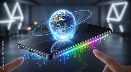 Futuristic Technology - Earth Hologram on Smartphone with Digital Connection.