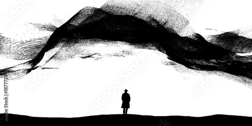 Silhouette of lone figure beneath abstract mountain art